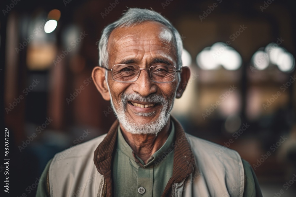Portrait of an old Indian man smiling at the camera in a cafe Portrait of an old Indian man smiling at the camera in a cafe