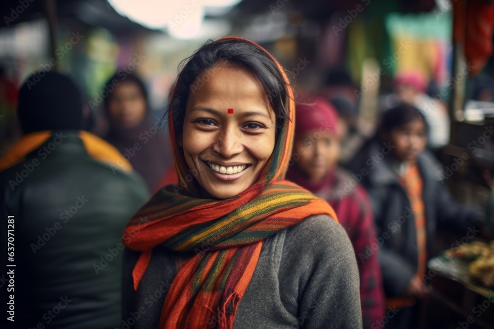 Portrait of a smiling indian woman at the street market.