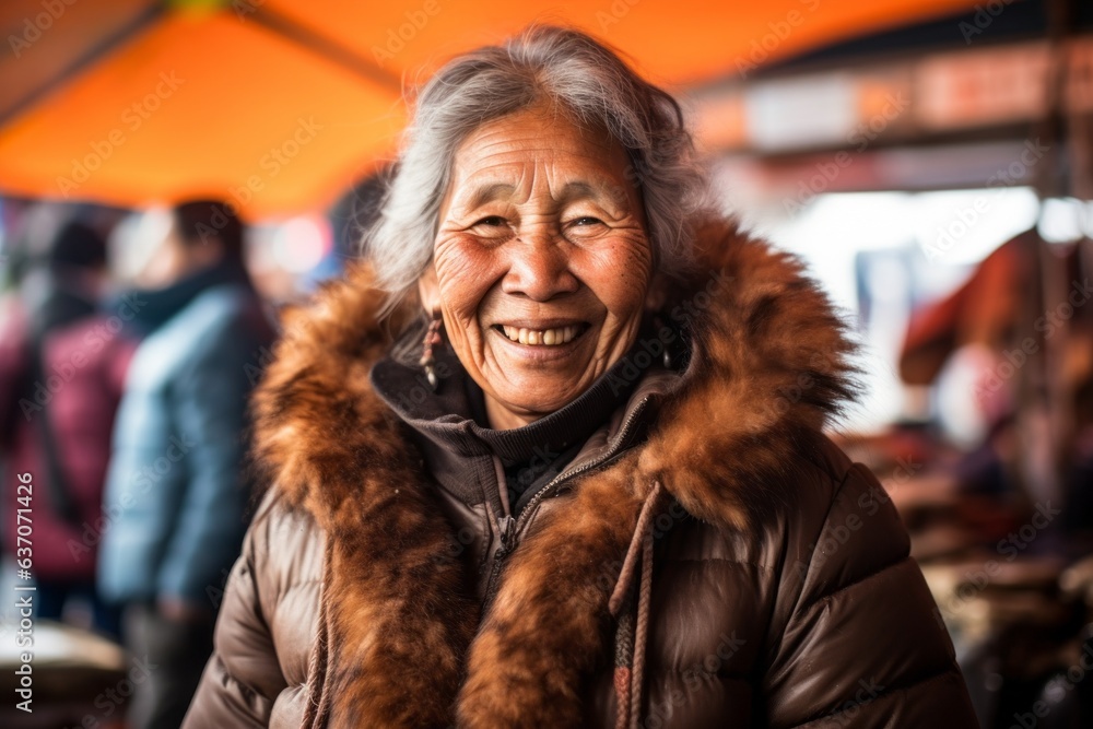 Obraz premium Portrait of an elderly Chinese woman in a fur coat at a market