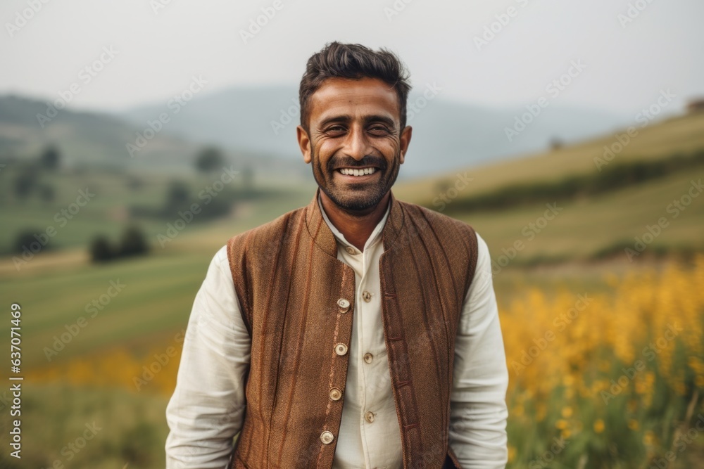 Portrait of a handsome indian man standing in a field.