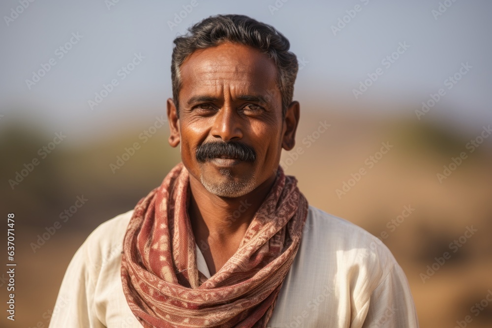 Portrait of Indian man with black mustache and red scarf in desert Portrait of Indian man with black mustache and red scarf in desert