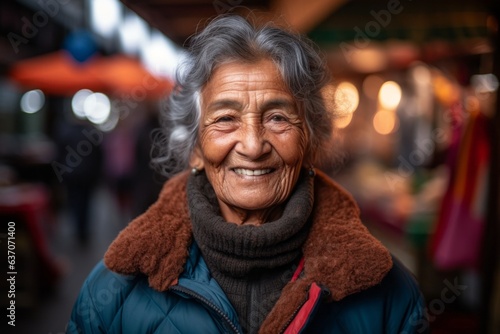 Portrait of an elderly asian woman smiling in the street.