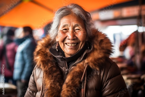 Portrait of an elderly Chinese woman in a fur coat at a market