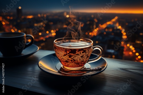 cup of hot tea in the evening photo