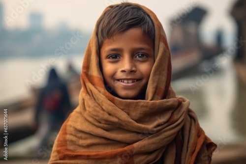 Indian little boy wearing a headscarf on the banks of the river