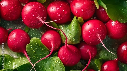 Organic red radish with green leaves and waterdrops of freshness. Spring harvested red radish, close up top view. Growing organic vegetables. Raw fresh juicy garden radish ready to eat.