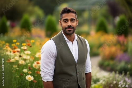 Portrait of a handsome Indian man standing in a flower garden.