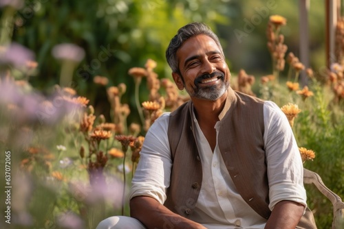 indian senior man sitting in garden smiling and looking at the camera