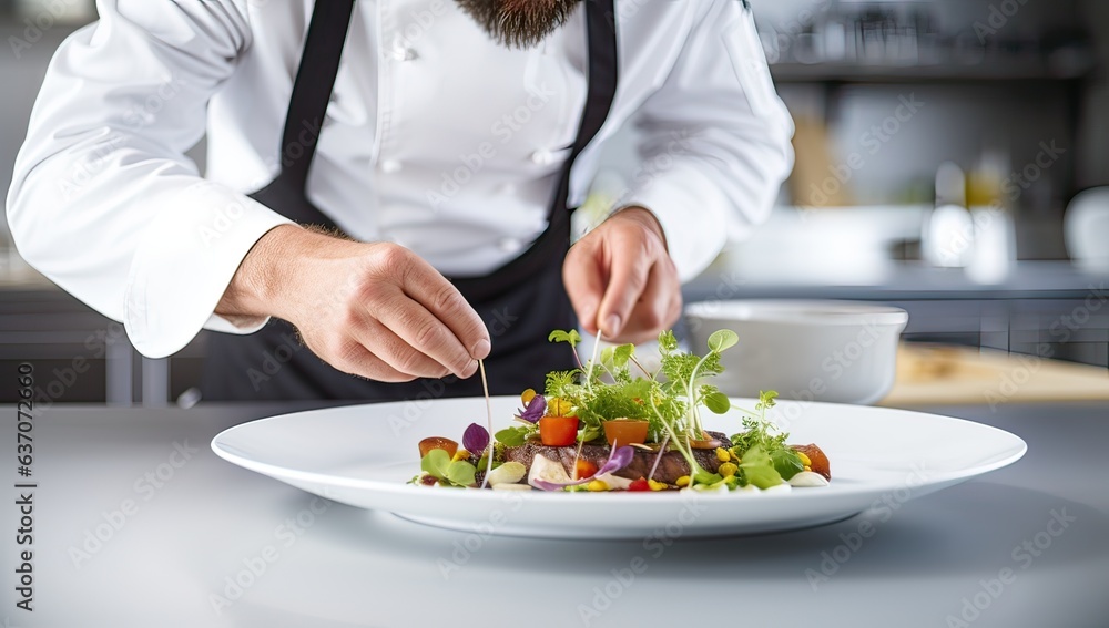 Close up of a chef preparing a salad in a restaurant kitchen. Close up of a chef preparing a salad in a restaurant kitchen.