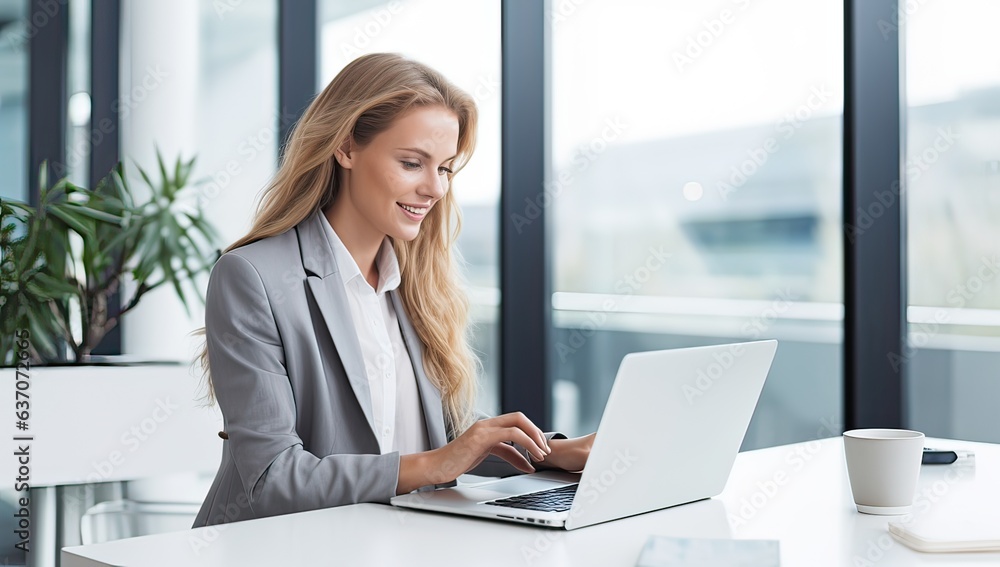 smiling businesswoman using laptop at workplace in office, side view smiling businesswoman using laptop at workplace in office, side view