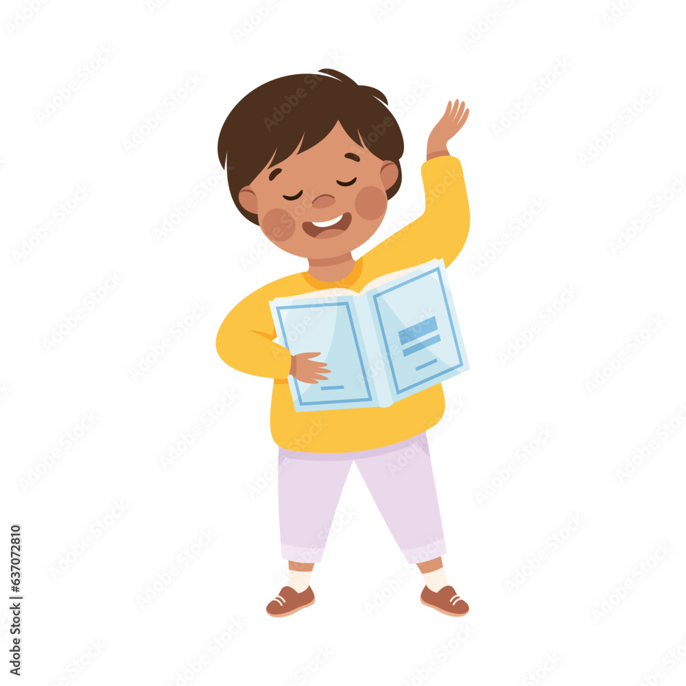 Little Boy Character Standing and Tell Story or Recite Poetry from Book Vector Illustration Little Boy Character Standing and Tell Story or Recite Poetry from Book Vector Illustration