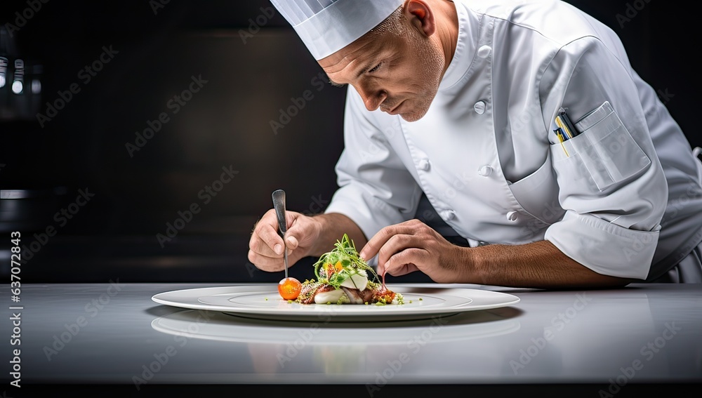 Chef preparing a salad in the kitchen at the restaurant. Professional chef in a professional kitchen. Chef preparing a salad in the kitchen at the restaurant. Professional chef in a professional kitchen.