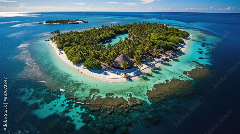 drone shot of a tropical paradise island like Maldives with small houses. - obrazy, fototapety, plakaty 