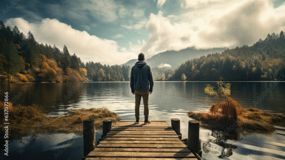 a man stands on a jetty at a lake and looks out to sea.