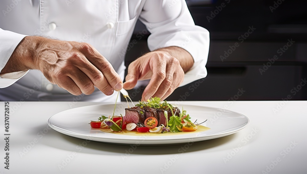 Chef preparing a dish of lamb meat with vegetables on a white plate