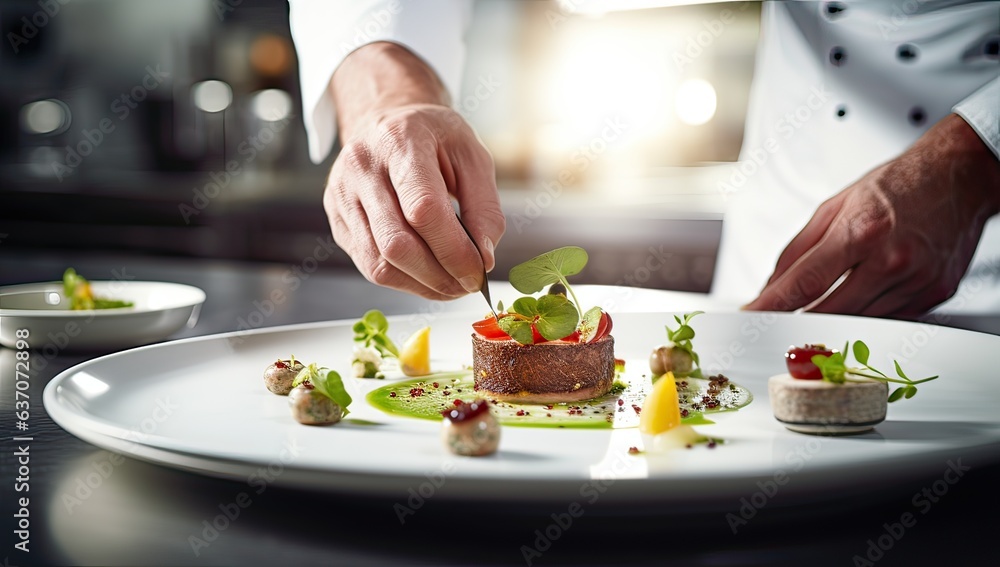 Chef decorating gourmet dish with sauce on a white plate Chef decorating gourmet dish with sauce on a white plate