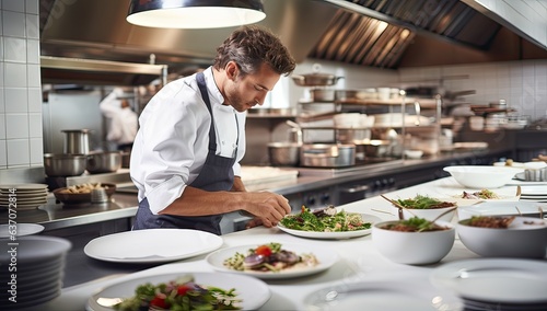 Fotografia, Obraz Chef Preparing Food In Restaurant Kitchen