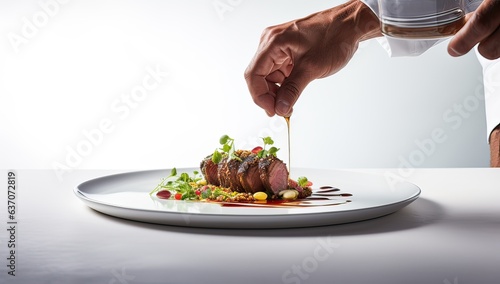 Tablou canvas Chef's hand garnishing a beef steak with vegetables on a white plate