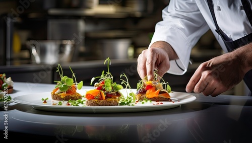 Chef preparing a canape in the kitchen of the restaurant.