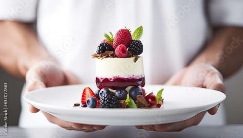 Closeup of male hands holding white plate with fresh berry dessert