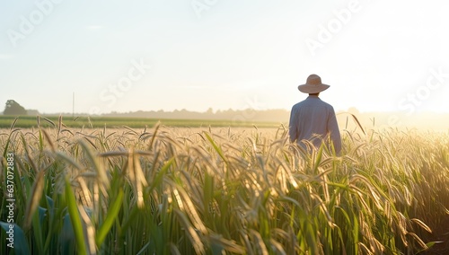 Rear view of a farmer standing in the middle of a wheat field