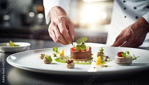 Chef decorating gourmet dish with sauce on a white plate