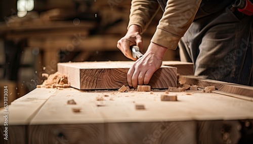 Carpenter working on a wooden board in his carpentry workshop