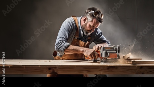 Carpenter working with a circular saw on a wooden table.