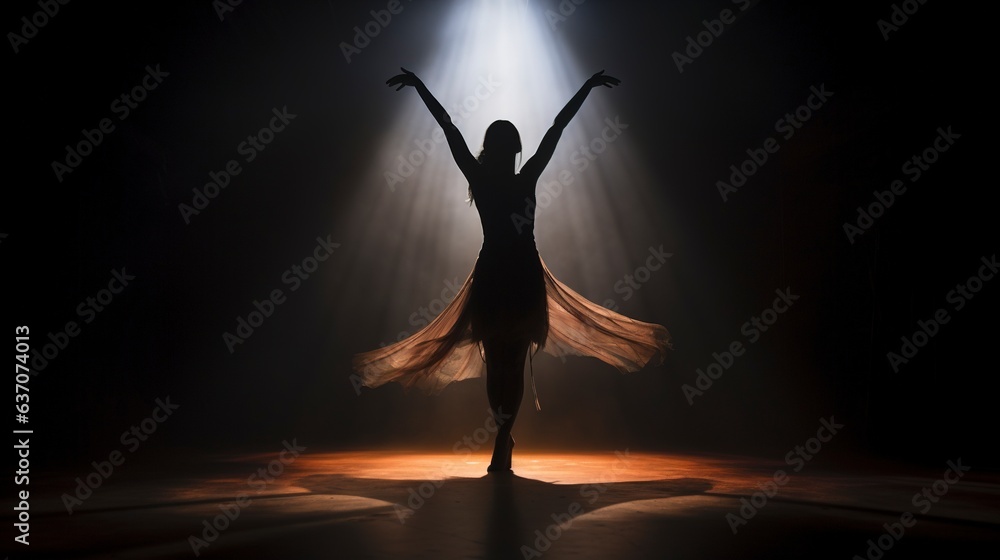  In a dimly lit ballet studio, the graceful silhouette of a woman dances with elegance. an unrecognisable silhouette of woman dancing in a ballet studio, Dark light 