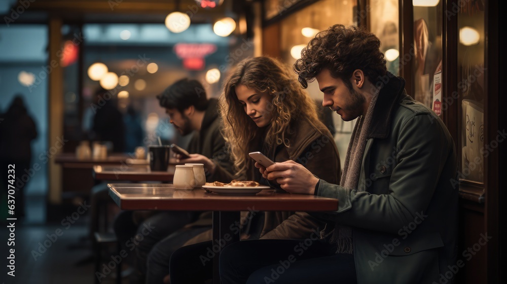 Concept of Emotionless Interaction. Two people sit across from each other at a cafe table, both absorbed in their phones, disconnected from the real world.