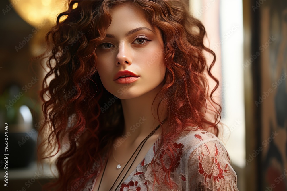 Fototapeta premium Fashionable and romantic, this Valentine's model is strikingly pretty. Her brunette hair and seductive charm make her the epitome of sexy elegance