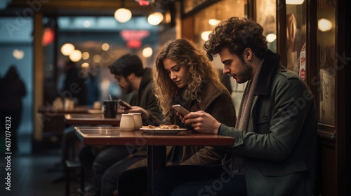 Concept of Emotionless Interaction. Two people sit across from each other at a cafe table, both absorbed in their phones, disconnected from the real world.
