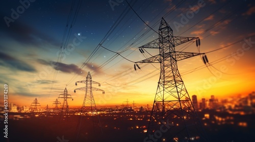 A high-voltage tower and power lines amidst the abstract blur of city lights at night
