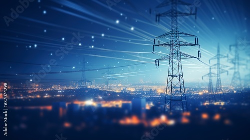 A high-voltage tower and power lines amidst the abstract blur of city lights at night