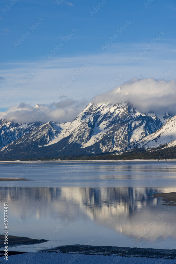 Scenic Landscape Reflection of the Teton Range in Springtime in Jackson Lake