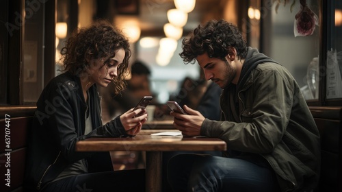 Concept of Emotionless Interaction. Two people sit across from each other at a cafe table, both absorbed in their phones, disconnected from the real world.