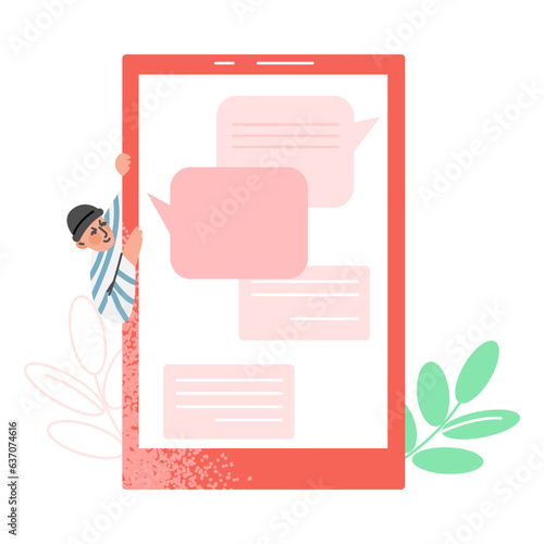 Liar and Internet Fraud with Tablet and Man Thief Look from Behind Vector Illustration