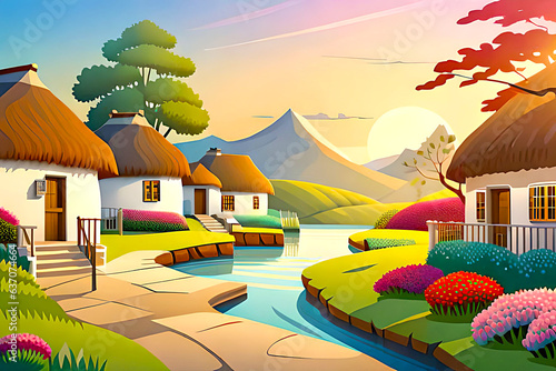 Craft a festive cartoon village landscape background for a seasonal celebration. Illustrate the village adorned with decorations  lights  and festive banners. Show villagers enjoying various activitie