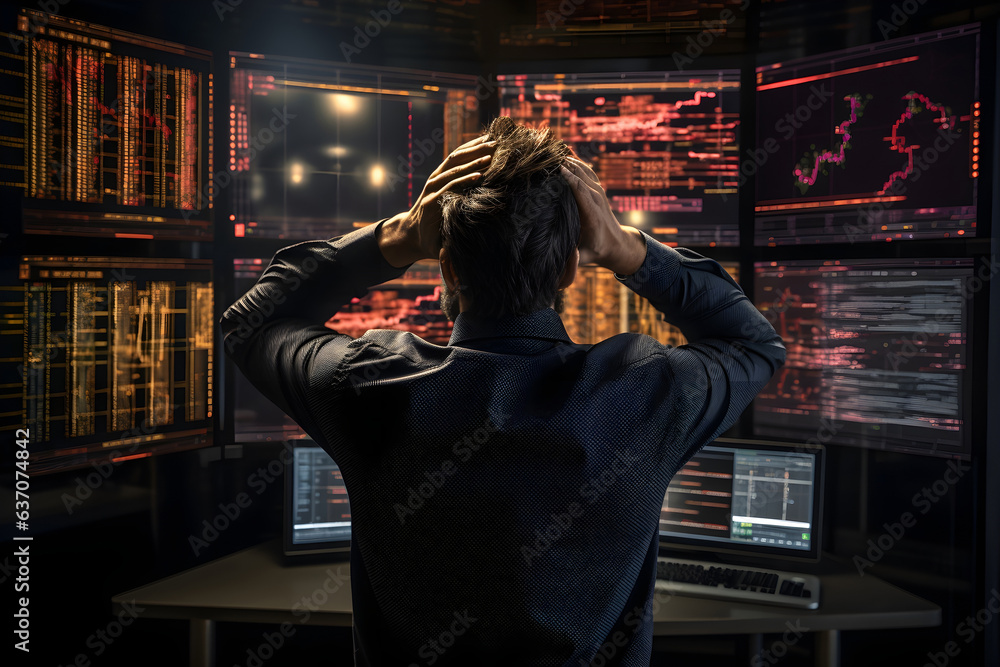 A financial agent with worried and desperate attitude, hands on his head, monitoring large data screens with stock market data graphs. Financial stress and market volatility concept - obrazy, fototapety, plakaty 