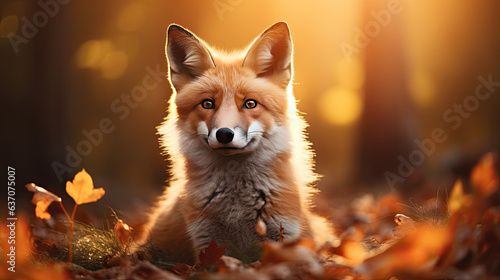 an orange fox between colorful leaves in autumn.