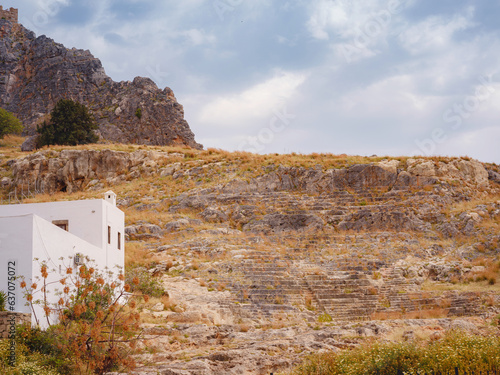 Views of Acropolis of Lindos and Temple of Athena Lindia near town of Lindos on island of Rhodes, Greece photo