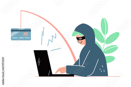Liar and Internet Fraud with Man Thief at Laptop Phishing Steal Money from Card Vector Illustration