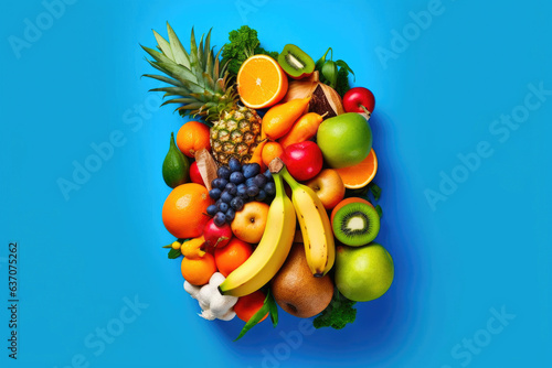 Grocery shopping bag with organic exotic fruits on blue background