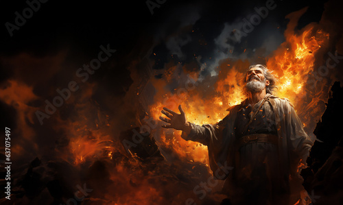 Man looking victorious up to sky with explosions and fire in the back ground, AI Generated