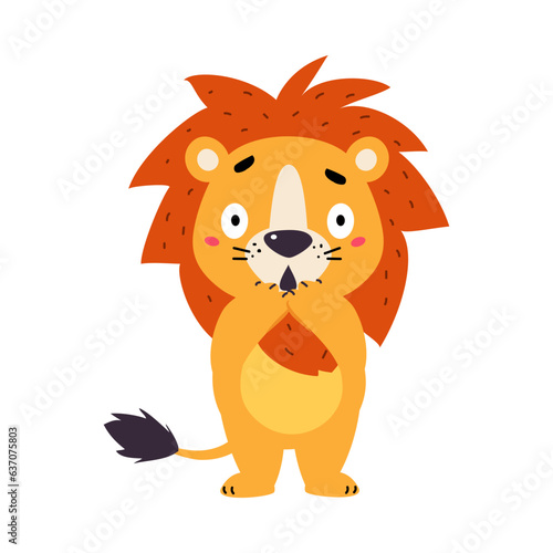 Cute Lion Character with Mane Stand Feel Scared Vector Illustration