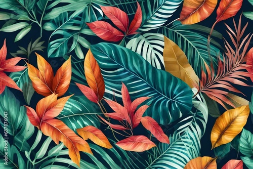 Trendy floral background with large exotic tropical leaves in style watercolor. Twigs with colorful leaves scattered random. Vector seamless pattern for fas