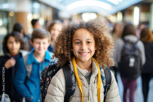 Portrait of Happy multiracial child student with book And backpack in school corridor