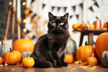 Cute funny black cat in halloween decor room. Happy Halloween party concept. 