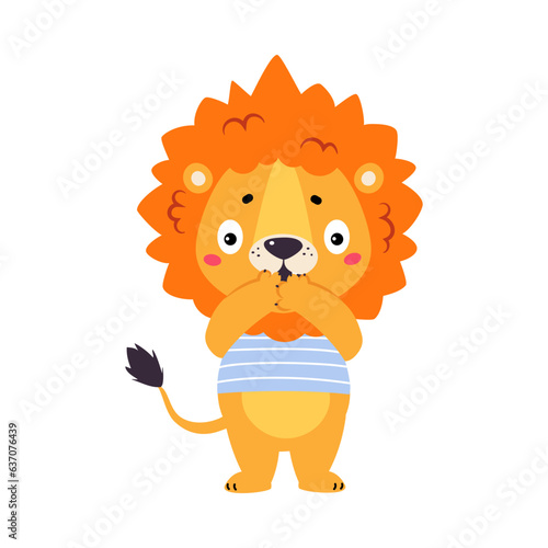 Fototapeta Naklejka Na Ścianę i Meble -  Cute Lion Character with Mane in Striped Shirt Gasp with Surprise Vector Illustration