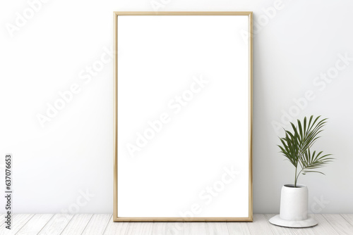 Wall art mockup. White blank vertical frame with wooden border. Bedroom with white background © Mano Art Pro